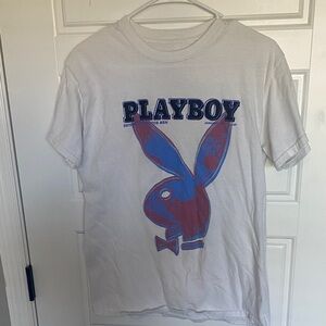 PLAYBOY White Tee with Blue & Purple Bunny Graphic